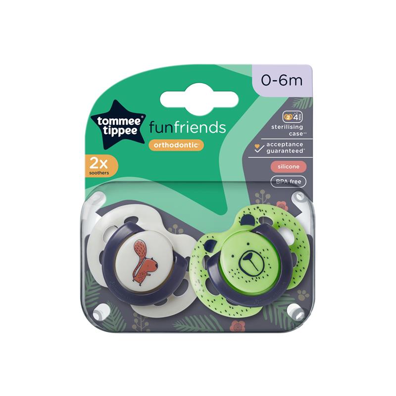 Tommee Tippee Fun Style Soothers, Symmetrical Orthodontic Design, BPA-Free Silicone Baglet, Includes Steriliser Box, 0-6M, Pack of 2 Dummies