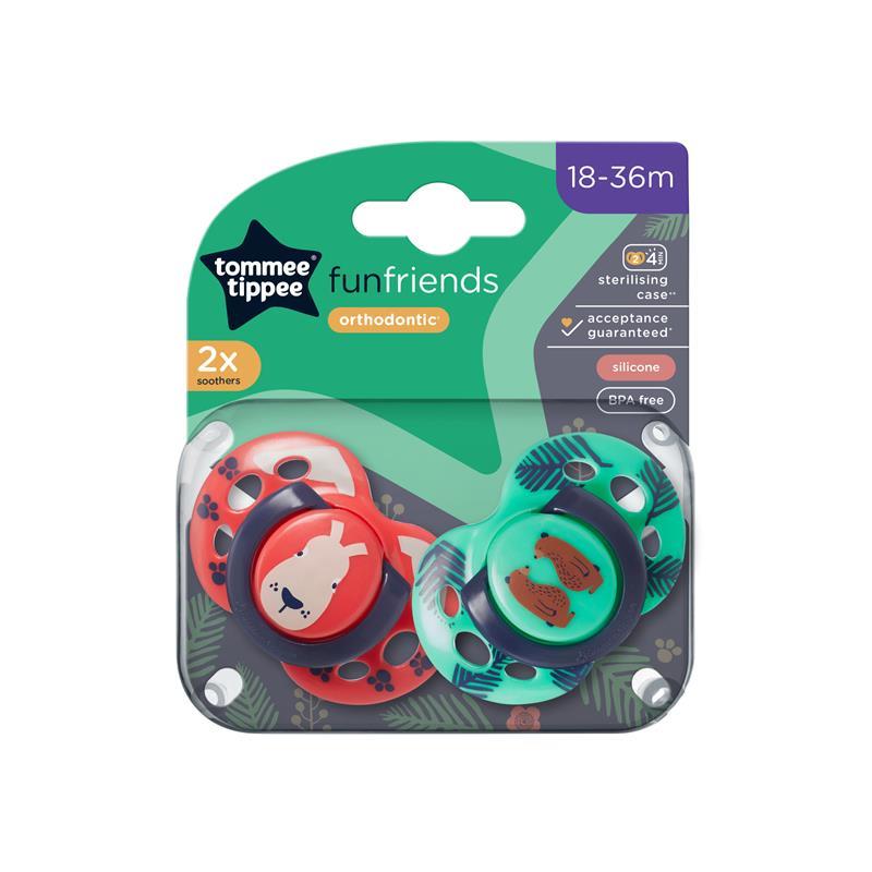 Tommee Tippee Fun Style Soothers, Symmetrical Orthodontic Design, BPA-Free Silicone Baglet, Includes Steriliser Box, 18-36M, Pack of 2 Dummies