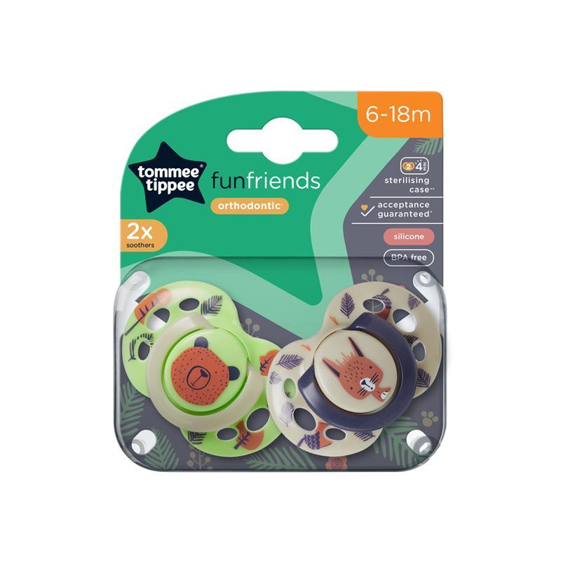 Tommee Tippee Fun Style Soothers, Symmetrical Orthodontic Design, BPA-Free Silicone Baglet, Includes Steriliser Box, 6-18M, Pack of 2 Dummies