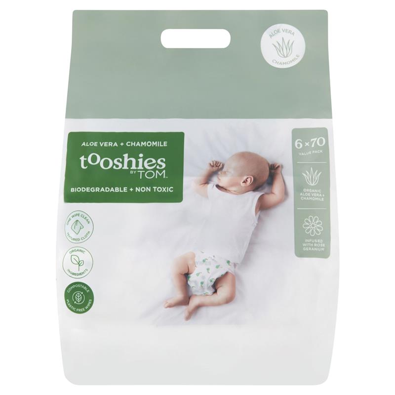 Tooshies by TOM Baby Wipes Aloe Vera and Chamomile 6 x 70 Pack