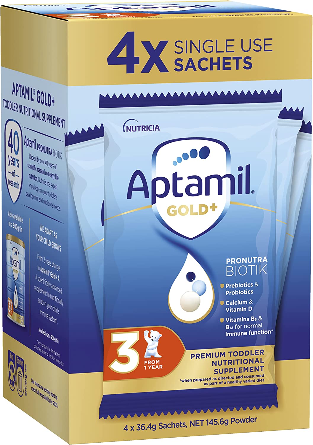 Aptamil Gold+ 3 Toddler Milk Drink Powder Sachets From 1 Year 4 Pack