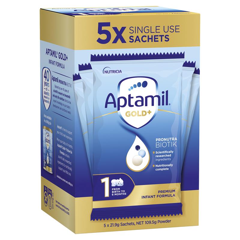 Aptamil Gold+ 1 Baby Infant Formula Powder Sachets From Birth to 6 Months 5 Pack 21.9g