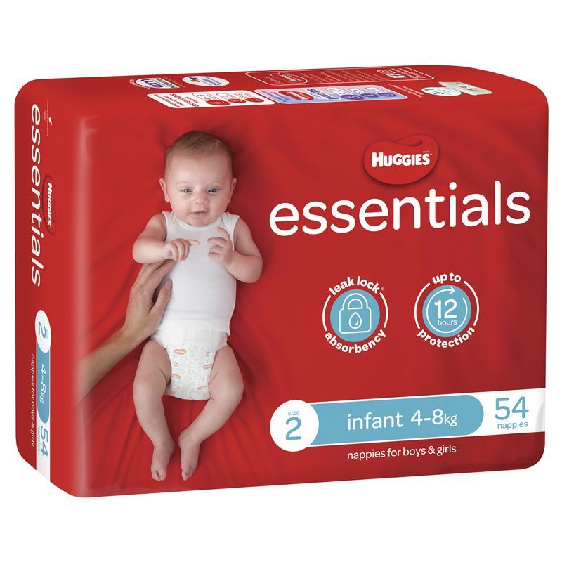 Huggies Essentials Size 2 4-8kg 54 Nappies