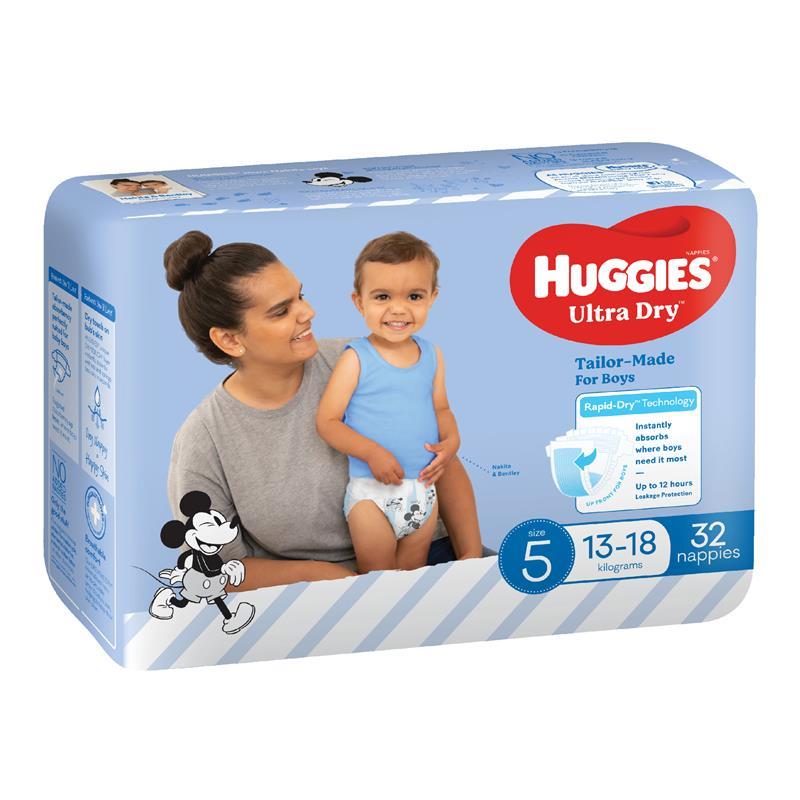 Huggies Ultra Dry Nappies Size 5 Boy 13-18kg Bulk 32 Pack