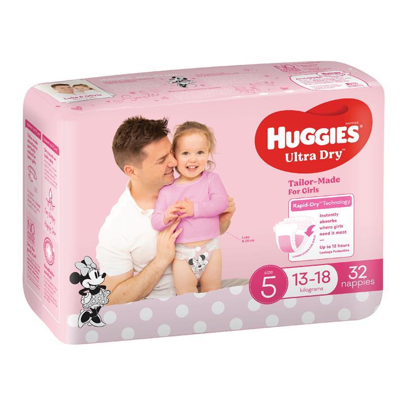 Huggies Ultra Dry Nappies Size 5 Girl 13-18kg Bulk 32 Pack