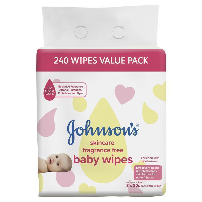 Johnson's Skincare Fragrance Free Baby Wipes 3 x 80 Pack