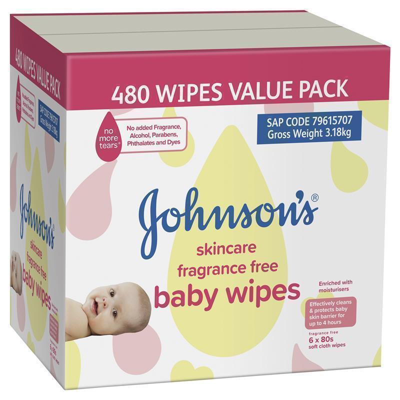 Johnson's Skincare Fragrance Free Baby Wipes 6 x 80 Pack