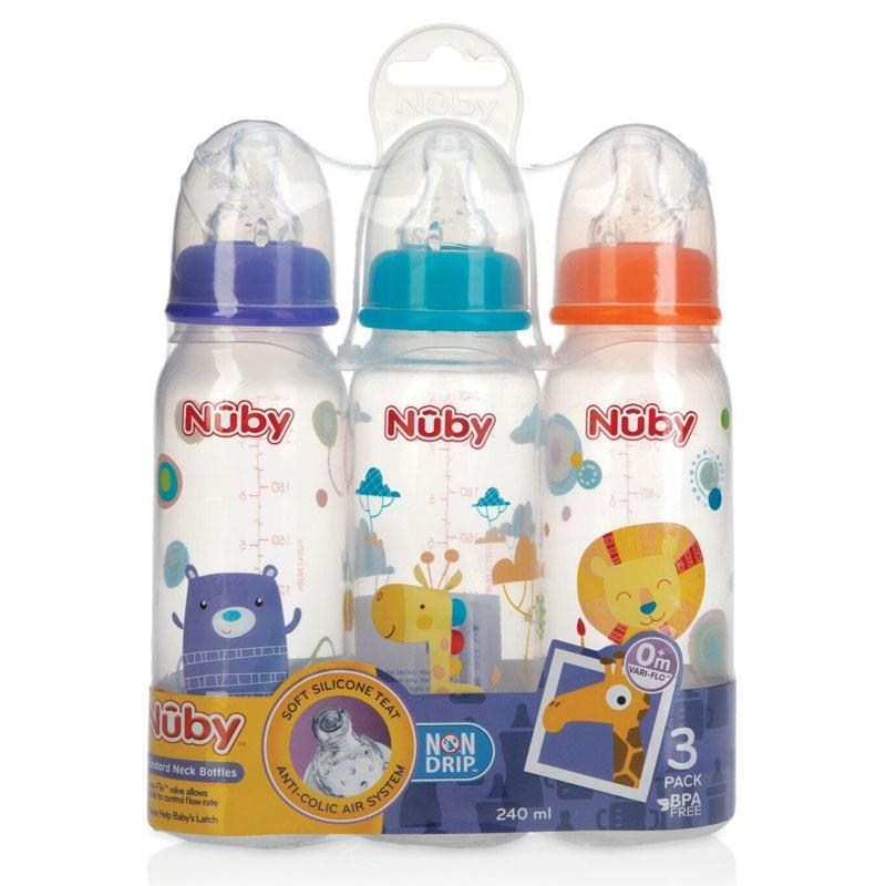 Nuby Printed Non Drip Feeding Bottles 240ml 0+ Months 3 Pack