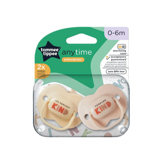 Tommee Tippee Anytime Soothers, Symmetrical Orthodontic Design, BPA-Free Silicone Baglet, Includes Steriliser Box, 0-6M, Pack of 2 Dummies