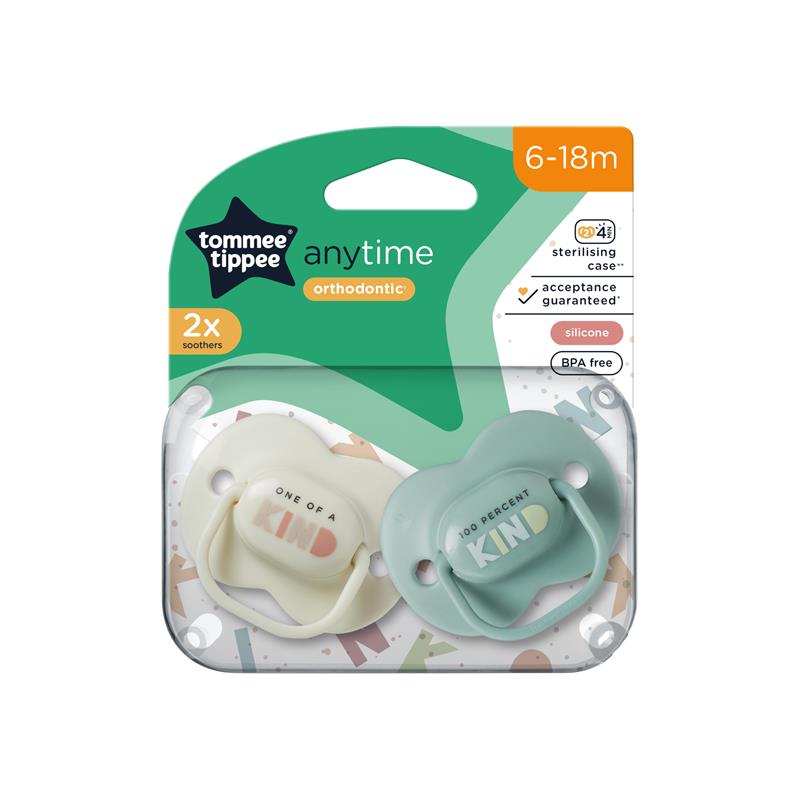 Tommee Tippee Anytime Soothers, Symmetrical Orthodontic Design, BPA-Free Silicone Baglet, Includes Steriliser Box, 6-18M, Pack of 2 Dummies