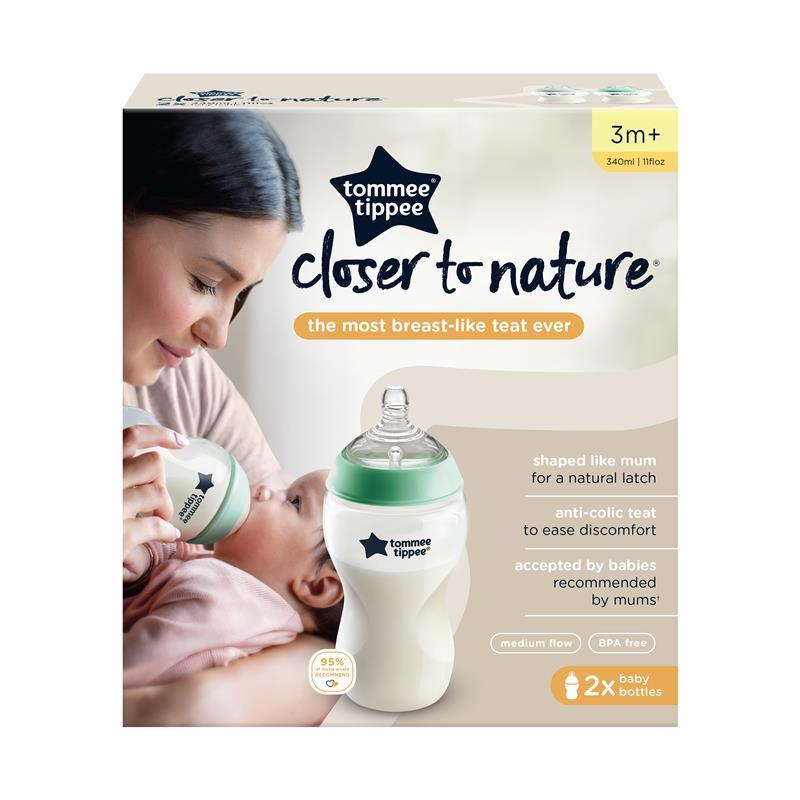 Tommee Tippee Closer to Nature Baby Bottles, Medium Flow Breast-Like Teat with Anti-Colic Valve, 340ml, Pack of 2, Clear, 0m+