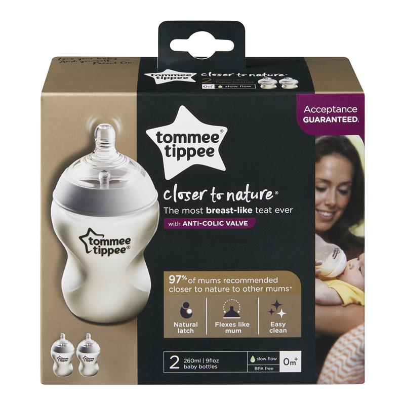 Tommee Tippee Closer to Nature Baby Bottles, Slow Flow Breast-Like Teat with Anti-Colic Valve, 260ml, Pack of 2, Clear