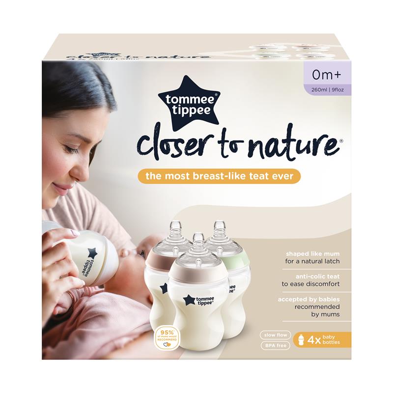 Tommee Tippee Closer to Nature Baby Bottles, Slow Flow Breast-Like Teat with Anti-Colic Valve, 260ml, Pack of 4, Clear