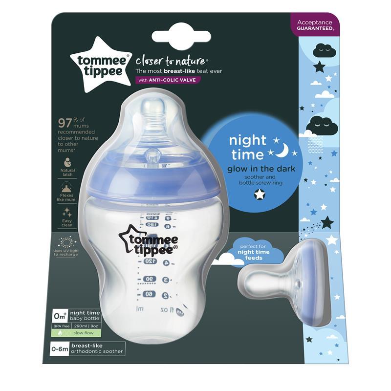 Tommee Tippee Closer to Nature Bottle 260ml with Glow Ring + Breast Like Soother Night 0-6m