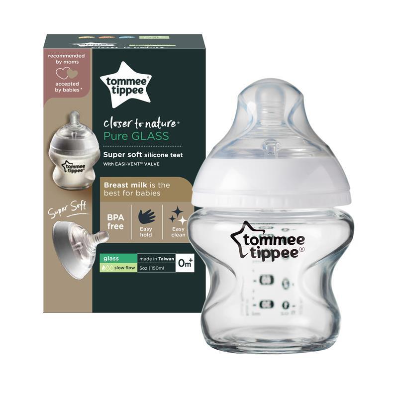 Tommee Tippee Closer to Nature Glass Baby Bottle, Medium Flow Breast-Like Teat with Anti-Colic Valve, 150ml, Pack of 1, Clear