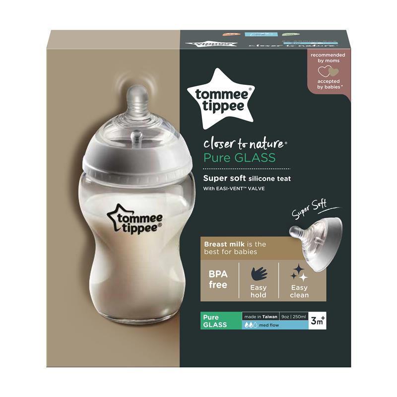 Tommee Tippee Closer to Nature Glass Baby Bottles, Medium Flow Breast-Like Teat with Anti-Colic Valve, 250ml, Pack of 2, Clear