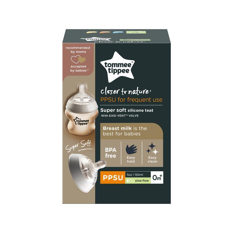 Tommee Tippee Closer to Nature PPSU Baby Bottle, Slow Flow Super Soft Breast-Like Teat with Anti-Colic Valve, BPA-Free, 150ml, Slow Flow Teat, Pack of 1