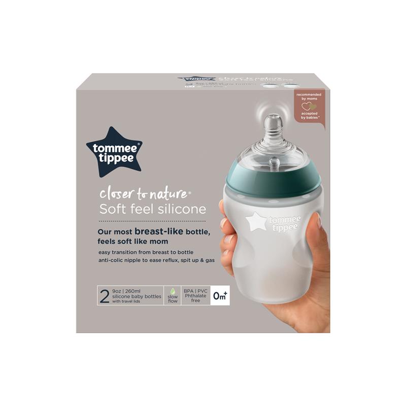 Tommee Tippee Closer to Nature Soft Feel Silicone Baby Bottles, Slow Flow Breast-Like Teat with Anti-Colic Valve, Stain and Odour Resistant, 260ml, Pack of 2