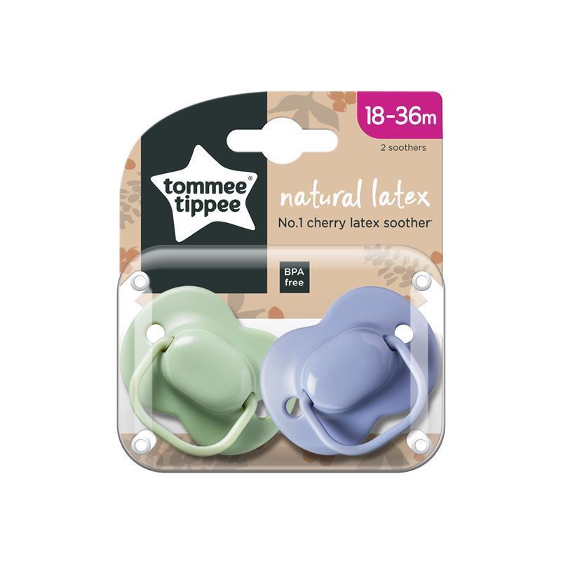 Tommee Tippee Natural Latex Cherry Soothers, Symmetrical Design, BPA-Free, 18-36m, Green and Blue, Pack of 2 Dummies