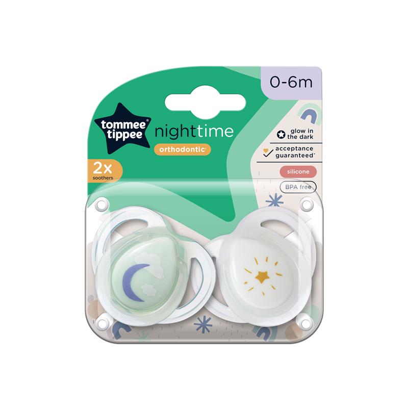 Tommee Tippee Night Time Soothers, Symmetrical Orthodontic Design, BPA-Free Silicone Baglet, Includes Steriliser Box, 0-6M, Pack of 2 Dummies