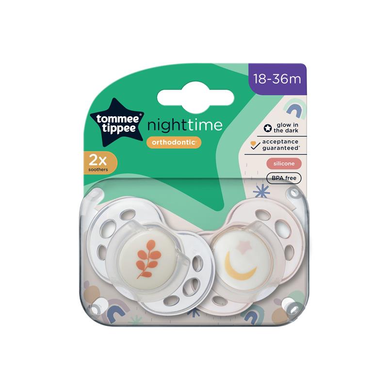 Tommee Tippee Night Time Soothers, Symmetrical Orthodontic Design, BPA-Free Silicone Baglet, Includes Steriliser Box, 18-36M, Pack of 2 Dummies