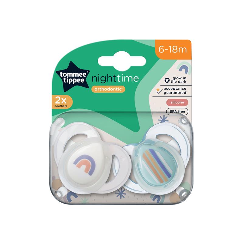 Tommee Tippee Night Time Soothers, Symmetrical Orthodontic Design, BPA-Free Silicone Baglet, Includes Steriliser Box, 6-18M, Pack of 2 Dummies