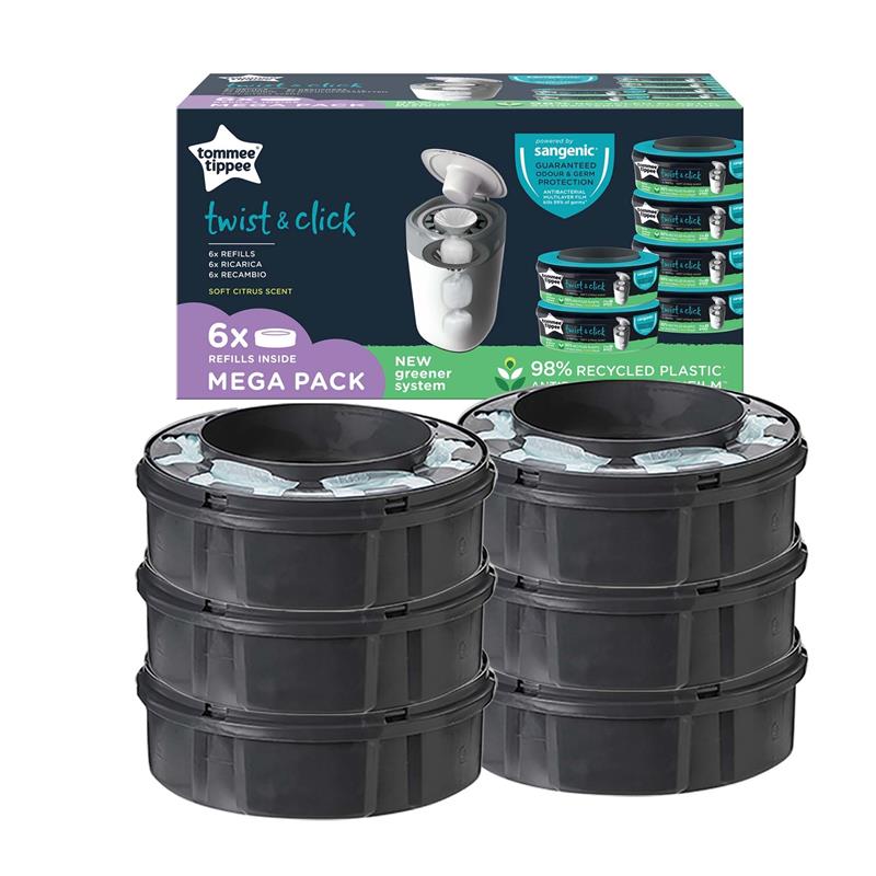 Tommee Tippee Twist and Click Advanced Nappy Bin Refill Cassettes, Sustainably Sourced Antibacterial GREENFILM, Pack of 6